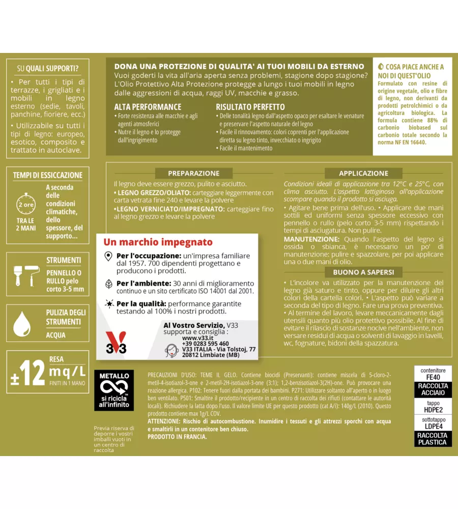 OLIO PROTETTIVO PER MOBILI DA GIARDINO V33 INCOLORE, 500 ML
